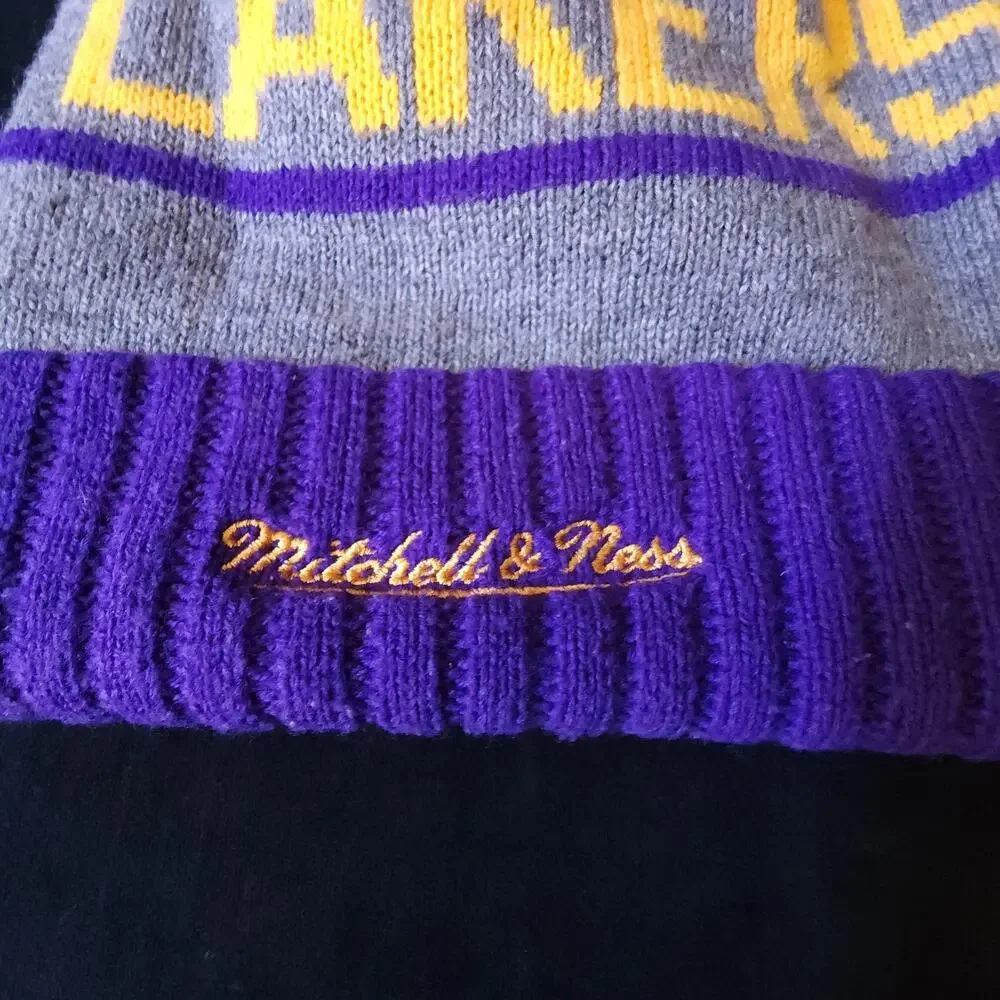 Purple Los Angeles LA Lakers Mitchell & Ness Winter Pom Pom Beanie Hat Cuffed